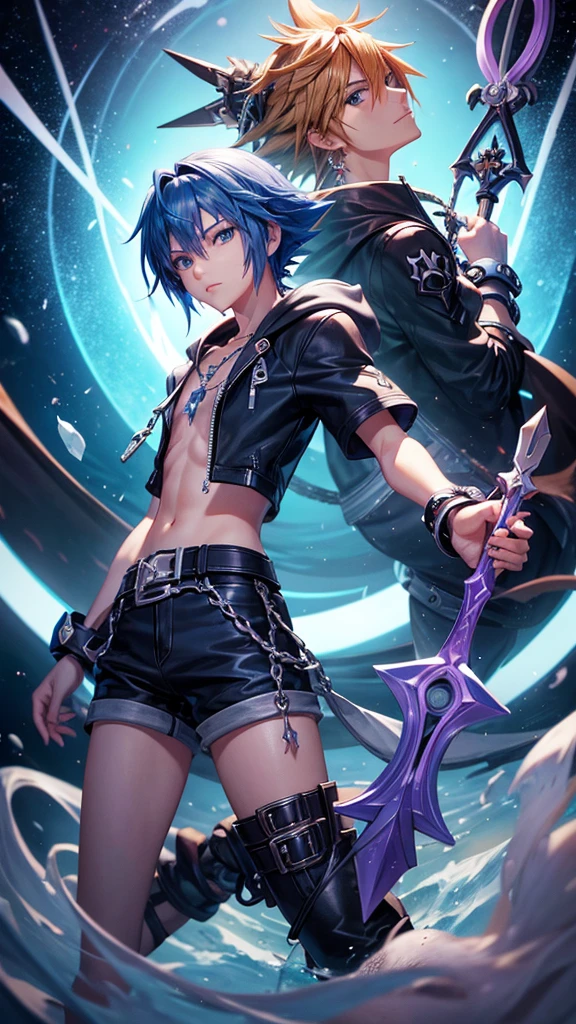 Characters from the Kingdom Hearts game series,Show me your keyblade,looking at the camera,high resolution,masterpiece