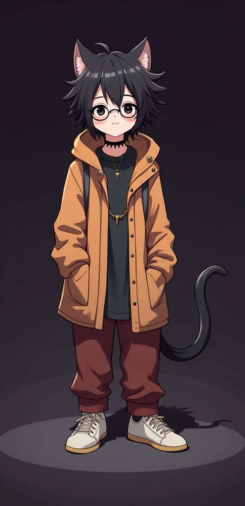 I want to create a series of stickers for WhatsApp and Telegram where the character has white skin, black eyes, black hair, cat ears, glasses, and a spiked necklace around his neck.