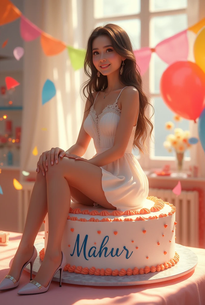 sitting cute girl on front of a cake. The character must wear casual moder clothing such as white frock and  heels. The background of the image is a party theme. Write 'MAHUR' on the birthday cake. Make sure the text is not misspelled. 