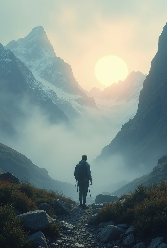 Make a scenery wheres a man in a moutain surrounded by fog and u can see a sun in front of him realistic look