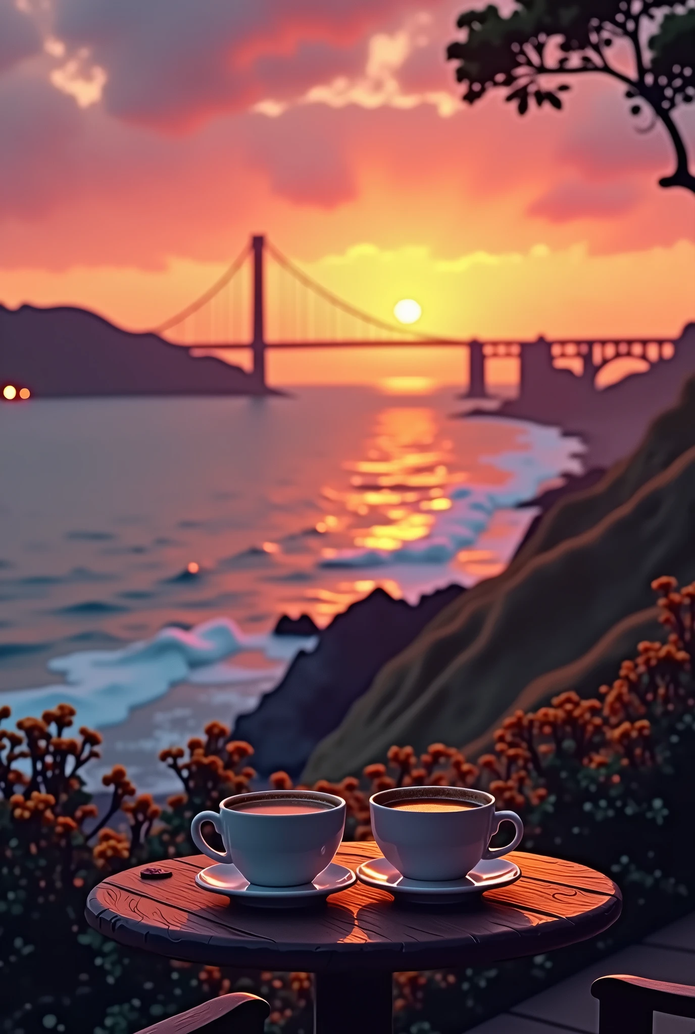 A peaceful, emotional sunset scene overlooking the ocean and a famous bridge, with glowing city lights, a couple of coffee cups on a small table, capturing a calm, relaxing moment.”