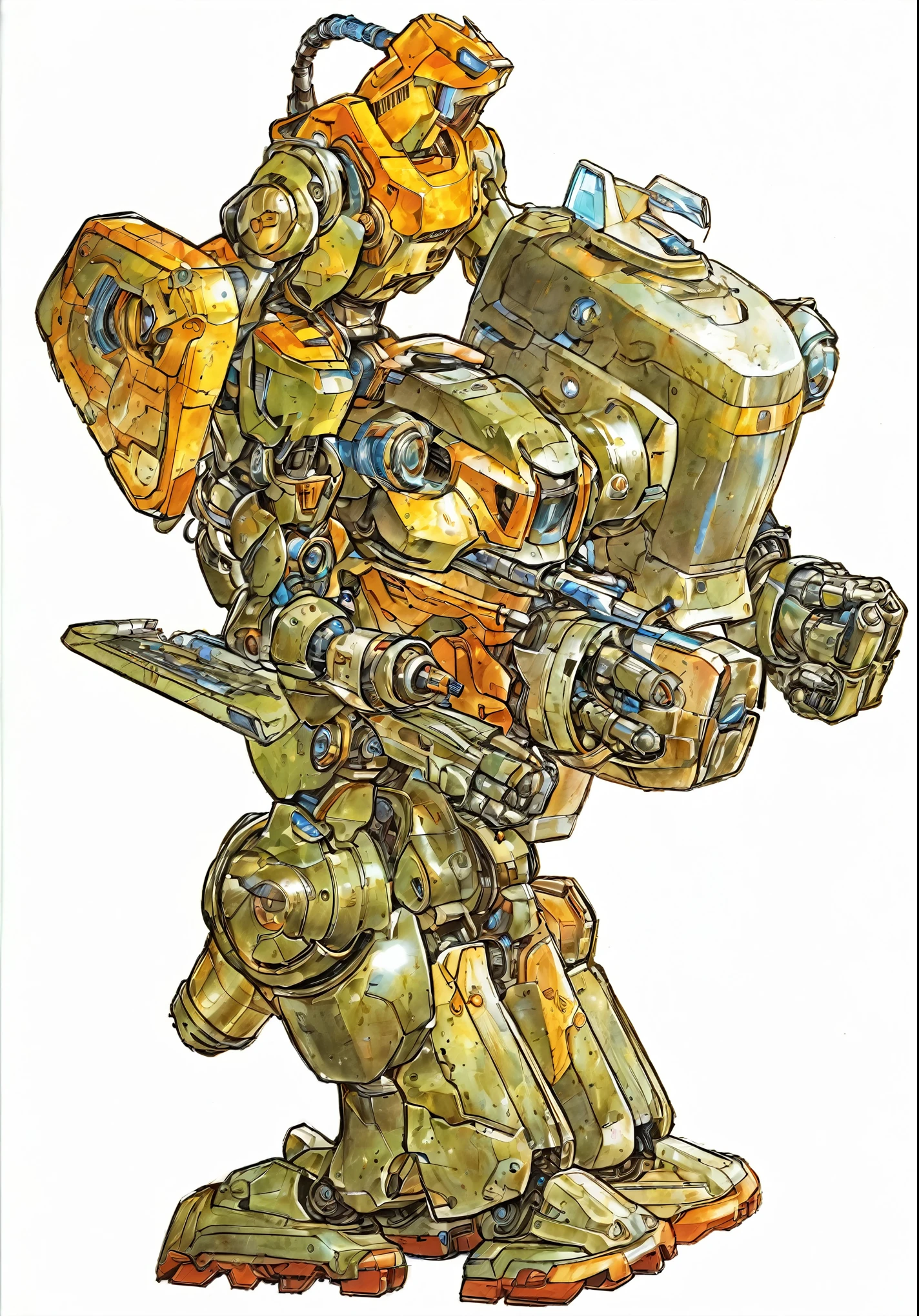 Cartoon of a robot with a large helmet and a large body., comic book style battle robot, full color illustration, Mecha Seapunk, machine warriors, pictorial humanoid mecha, Tremendous mecha robot, By Yoshiyuki Tomino, konami mecha, gear wick, battle robot, mecha, metallic aloe concept art