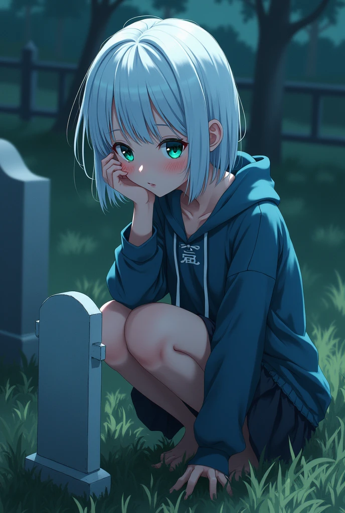 anime style, young adult woman, with blue right eye and green left eye, short white hair.
Sitting next to a grave.
is crying.