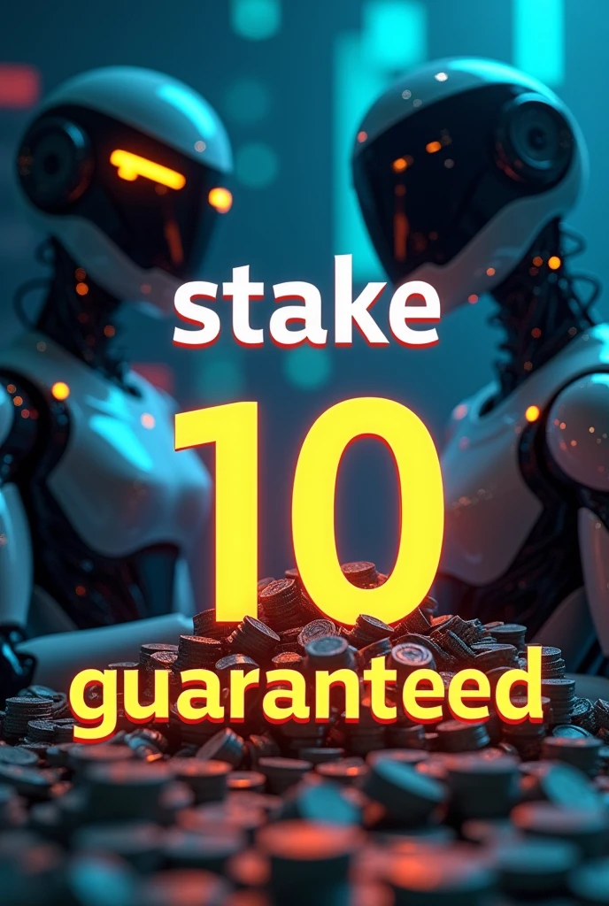 Image with the word "Stake 10 guaranteed" and AI robots in the background with lots of money. The words in large letters that predominate in the image 