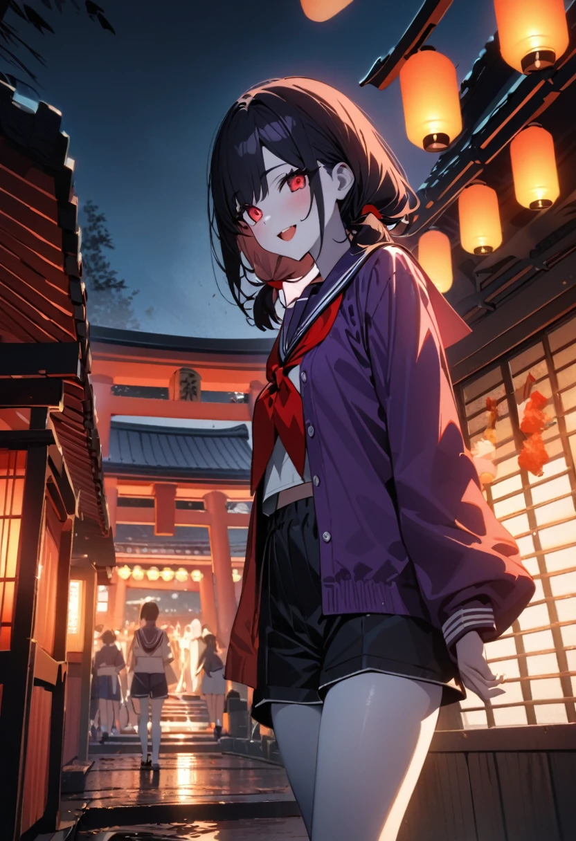 (Highest quality:1.2, Very detailed, Latest, Vibrant, Ultra-high resolution, High Contrast, Super Detail, masterpiece:1.2, Highest quality, Best aesthetics),Shrine at nightに立っている、beautiful、Amazingly white skin、dark dark blue hair、Mesh on right bangs(Thin rattan color)、low twintails(Red string)、cat eyes(Light rattan color)、A meaningful smile、Double teeth、 Sailor suit 、Shorts、White tights、Wearing a purple jacket、The sleeves are orange、 background/Shrine at night、Outdoor、Pitch black、torii、In front of the main hall2Three lanterns、wood々Surrounded by、Lantern(break)、