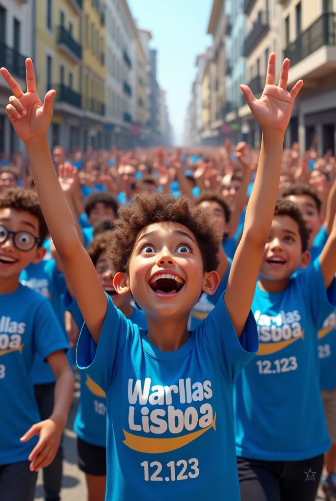Create 8 images of a crowd of happy people wearing the shirt with the name Warllas Lisboa and below the name the number 12.123 ( in a councilman&#39;s motorcade in a city without the councilman, just the crowd) the color of the blue shirt 
