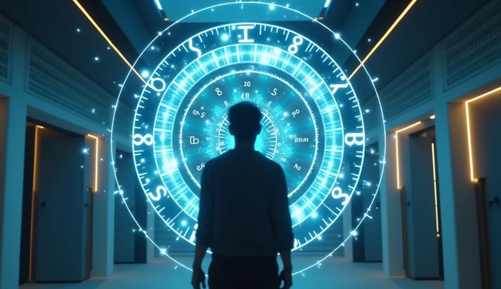 A person interacting with a holographic display of their birth chart and numerological data in a futuristic setting. The scene is high-tech and visually striking, representing the advanced exploration of one’s cosmic blueprint through numerology. --ar 16:9
