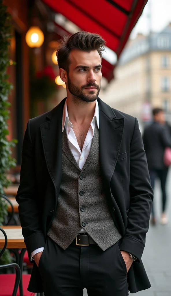 Handsome white guy with dark short hair, a bit wider face, dark green eyes, slightly shorter hair, and wider cheeks. He has a one-day beard and a line shaved into his right eyebrow, with a subtle smile for a friendly touch. Captured standing at a romantic Parisian café in a stylish, romantic outfit, he strikes a pose with both hands in his pockets, looking off to the side with a contemplative yet relaxed expression. The setting features charming ambiance and soft lighting, ensuring his skin appears smooth and wrinkle-free. The photo is in a 9:16 aspect ratio, ideal for an Instagram story.