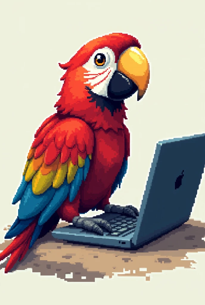 create a print with a transparent t-shirt background where there is a red parrot, yellow beak and legs, white face with black and blue wings in pixel and small sitting and using a computer or notebook