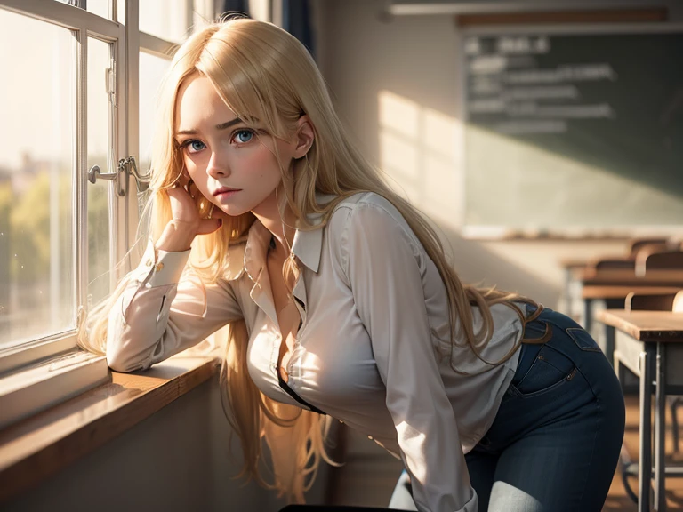 woman blonde with long hair of blouse black in jeans siting in classroom clousing window scared
