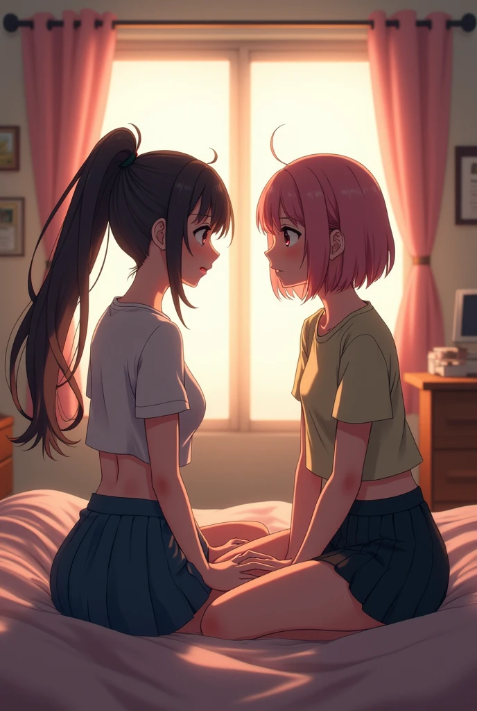 Absurd resolution, high resolution, (masterpiece: 1.4), super detailed, (((detailed face, detailed expression)), two girls, girl and girl, friends, best friends, classmates, relaxing, ponytail, bob, sitting on bed, sitting on the floor, two people conversing, background in room, wearing underboob shirt and pleated skirt, friends, best friend, home, 1K, small room, curtains, bed, TV, desk, room wear, kyoto animation, The atmosphere of Kyoto Animation, (tearful)