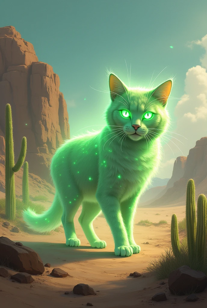 A green ghostly spirit cat. I'd like the art in a fantasy RPG style, set in the old west.
