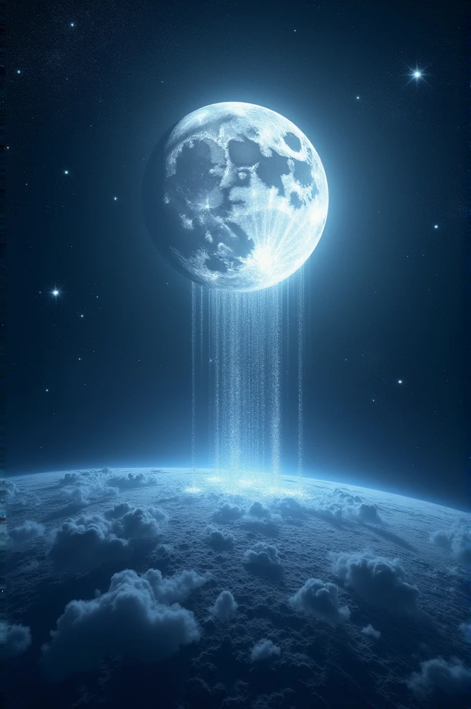 The moon in the heart of the night, swaying gently, as if dancing to the rhythms of the universe. It scatters its silver rays on the earth, and the stars sparkle around it like sparkling diamonds.