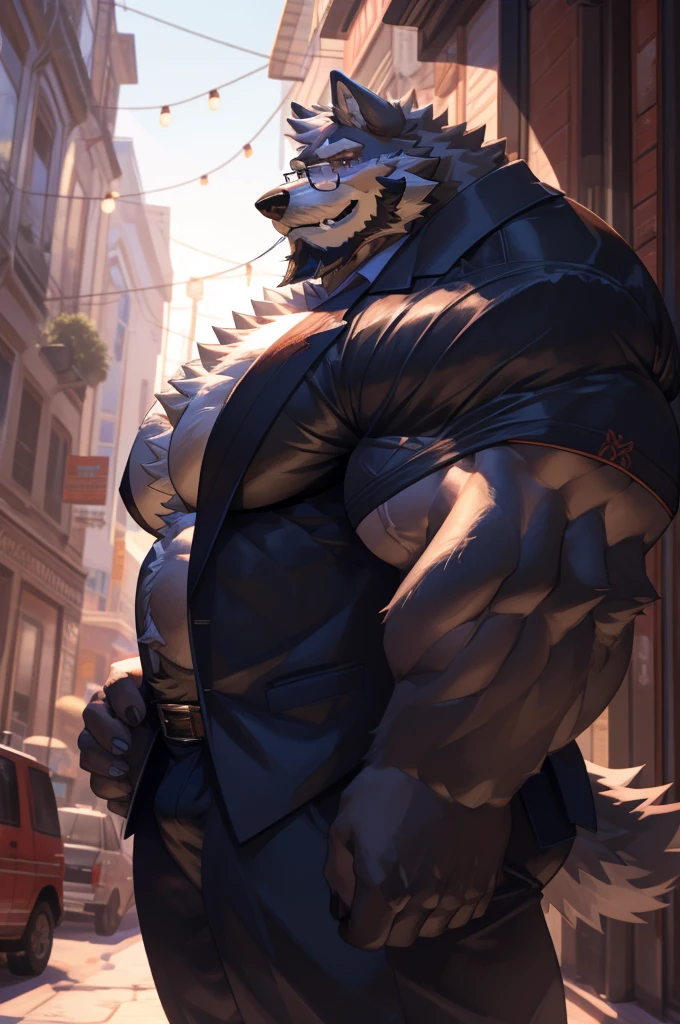 1boy, 1man, solo, (furry wolf), (face, detailed face, bearded, white beard, thick mustache), (glasses), city, extremely huge muscular, massive muscular , sixpack , (suits), well-muscled old man. ((extremely muscle size, super thick arms, huge pec, hyper pec, bigger chest, extremely wide pectoral , huge arms)), wide smiling. Add textures and details to make the image more realistic, such as the appearance of the. Make sure the resulting image is high resolution, 8K quality