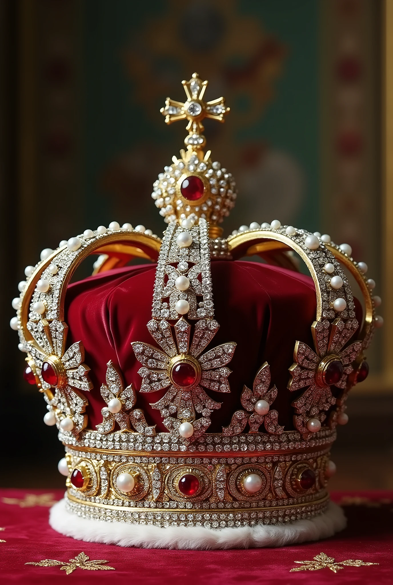 Véritable trésor de la Russie. Majestueuse couronne de l'impératrice Catherine II de Russie datant de 1762. Cette couronne, qui combine 4936 diamants, 72 perles et une spinelle rouge de 400 carats, dans une forme très originale, est réellement superbe. Haute qualité. Détails impressionnants. Arrière-plan typiquement russe. (Détails). époustouflant. 