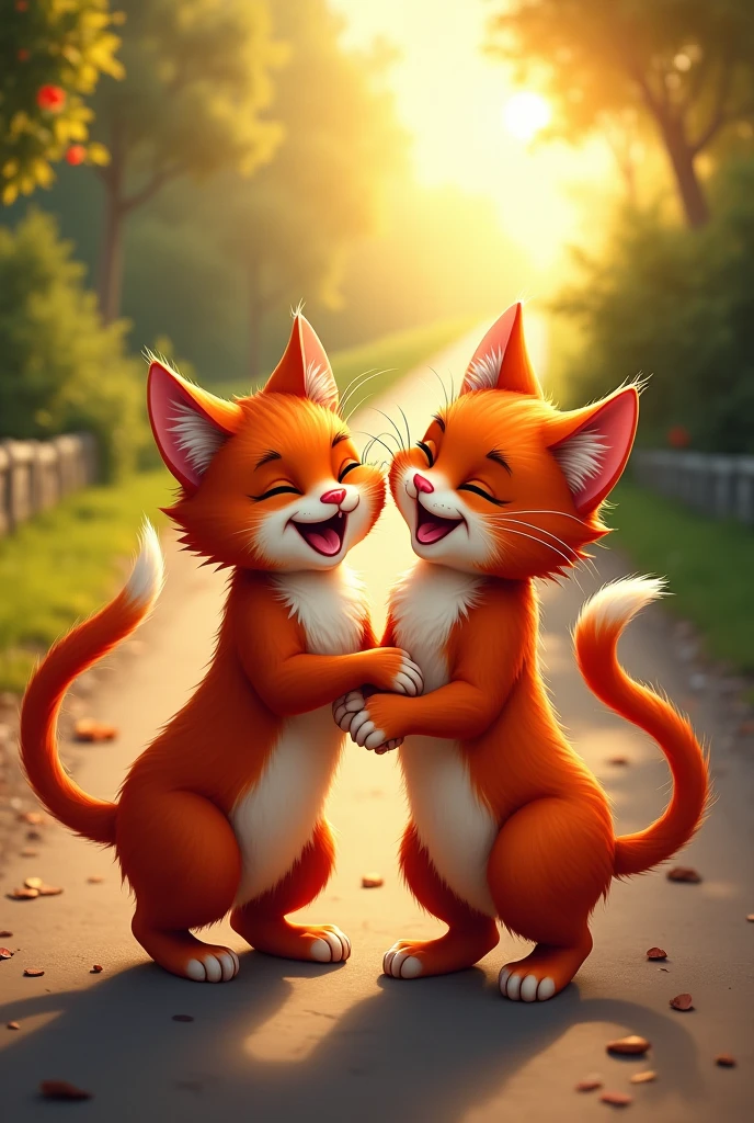 Two red cats laughing and standing on the road behind