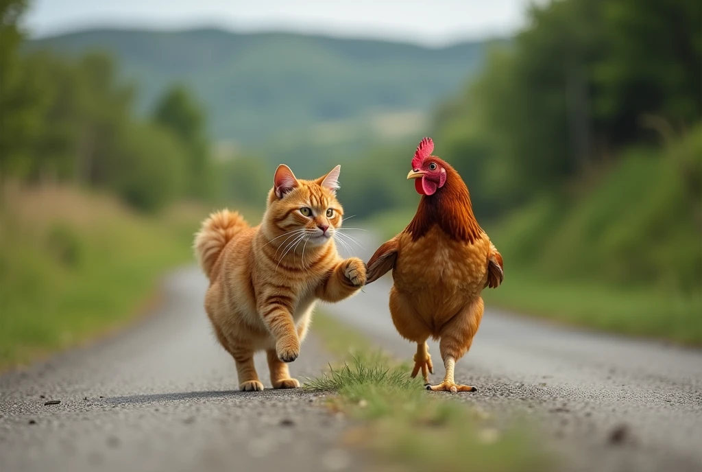 real photo of cat and chicken walking hand in hand. on the road