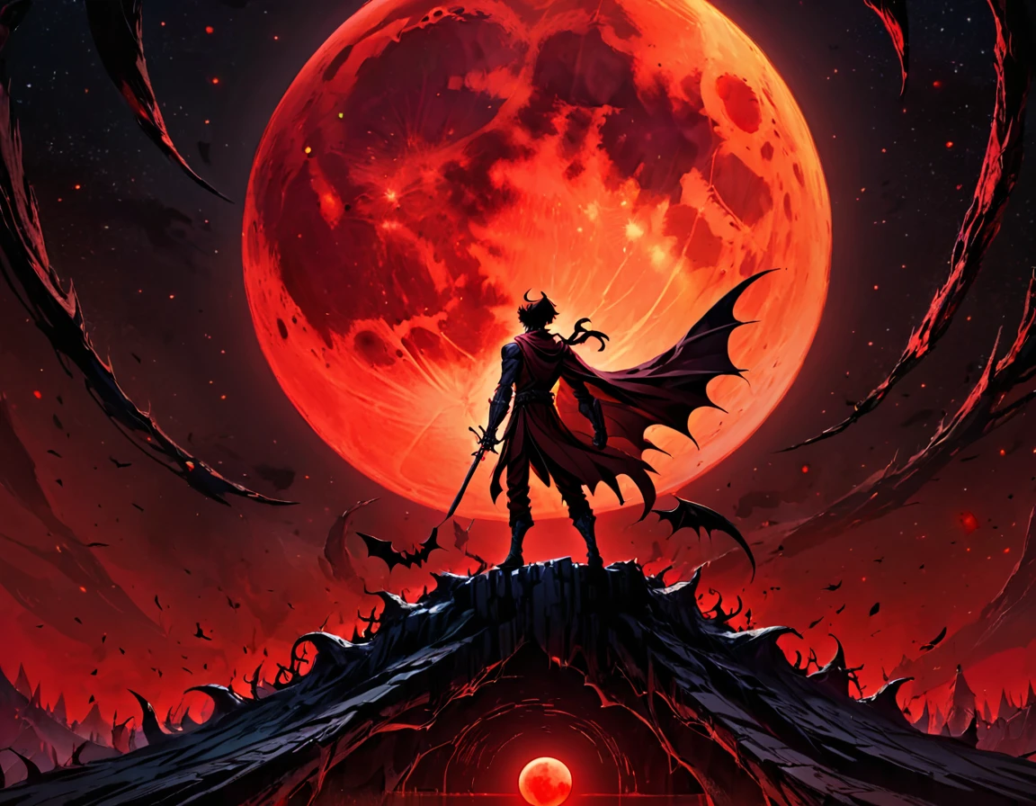 (masterpiece), best quality, highres, 4k, 8k, dark lighting, amazing quality, amazing shading, dark blood-red lighting, very dark blood-red moon in dark black night sky, one shadow of male dark black shadow demon in center of the gigantic moon, extremely detailed, Illustration, official artwork, anime style, wallpaper, official art, 35mm, analog style, a realistic photo, film grain, (photorealistic:0.6), taken by a canon eos r5, ultra detailed,