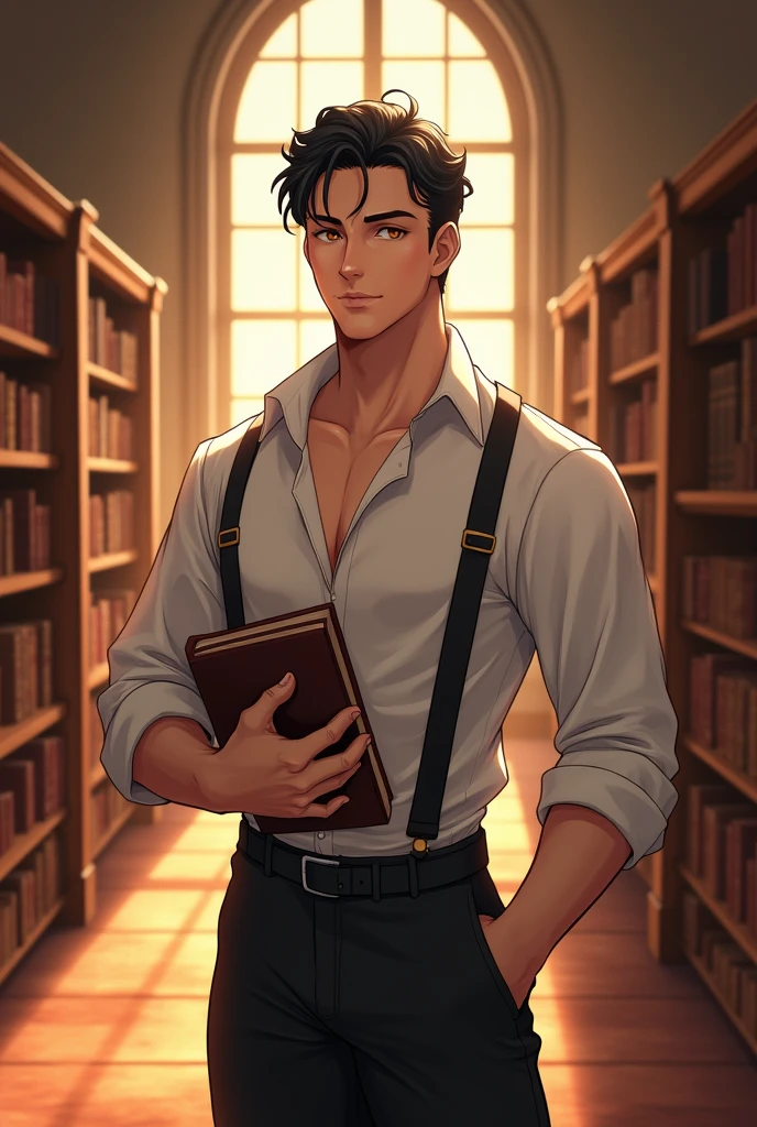A tall man with a fit, athletic build with strong uper torso and lean fit lower body and fair skin that has a subtle, pinkish glow stands confidently. His clean-shaven with no beard or mustache face is defined by a sharp jawline, and his calm, honey-brown eyes exude a sense of lightness. His black hair, styled in a princely cut, features bangs that gracefully drape across his forehead.
He is dressed in a gentlemen attire, with a loose-fitting shirt and suspenders, adding a touch of elegance to his appearance. In his hands, he holds several books. The setting around him is a beautiful, historical library, where sunlight streams through large windows, casting a warm glow over the rows of ancient tomes and rich wooden shelves.