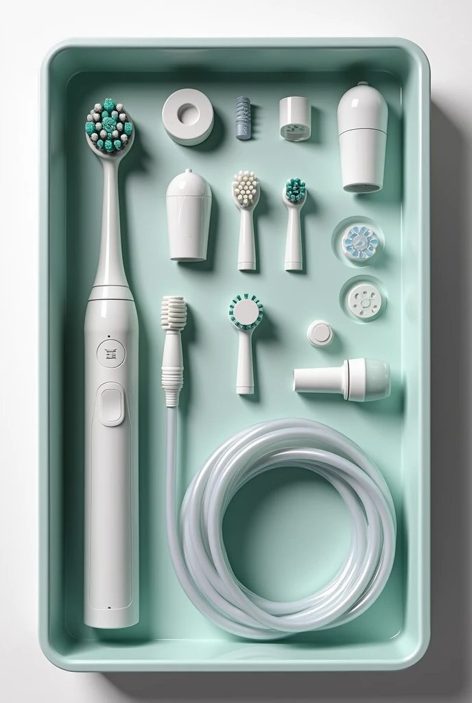 A box that contains one toothbrush made of plastic and a hose made of latex.
The hose is designed to be connected to a faucet.
The toothbrush and the hose are separate parts in the box.
They packed separately in the box.
the box is big and the hose is odontologic
the box have differents parts of the toothbrush inside, they're detachable
the toothbrush is like an electric one
ALL OF THE ITEMS ARE INSIDE THE BOX