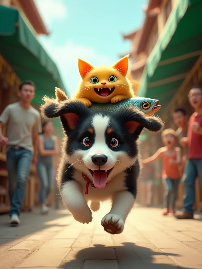 lateral view, realisitic, A dynamic and humorous scene in a lively outdoor market. A black and white dog is running at great speed, with its tongue out in excitement. On the dog's back is a yellow cat with wide eyes and an open mouth, clutching tightly onto a large, shiny fish. The cat appears excited and surprised, as if it had just made a daring escape. The background features market stalls with green canopies, and some people are looking on in surprise, adding to the lively atmosphere of the market scene. The overall tone is playful and adventurous
