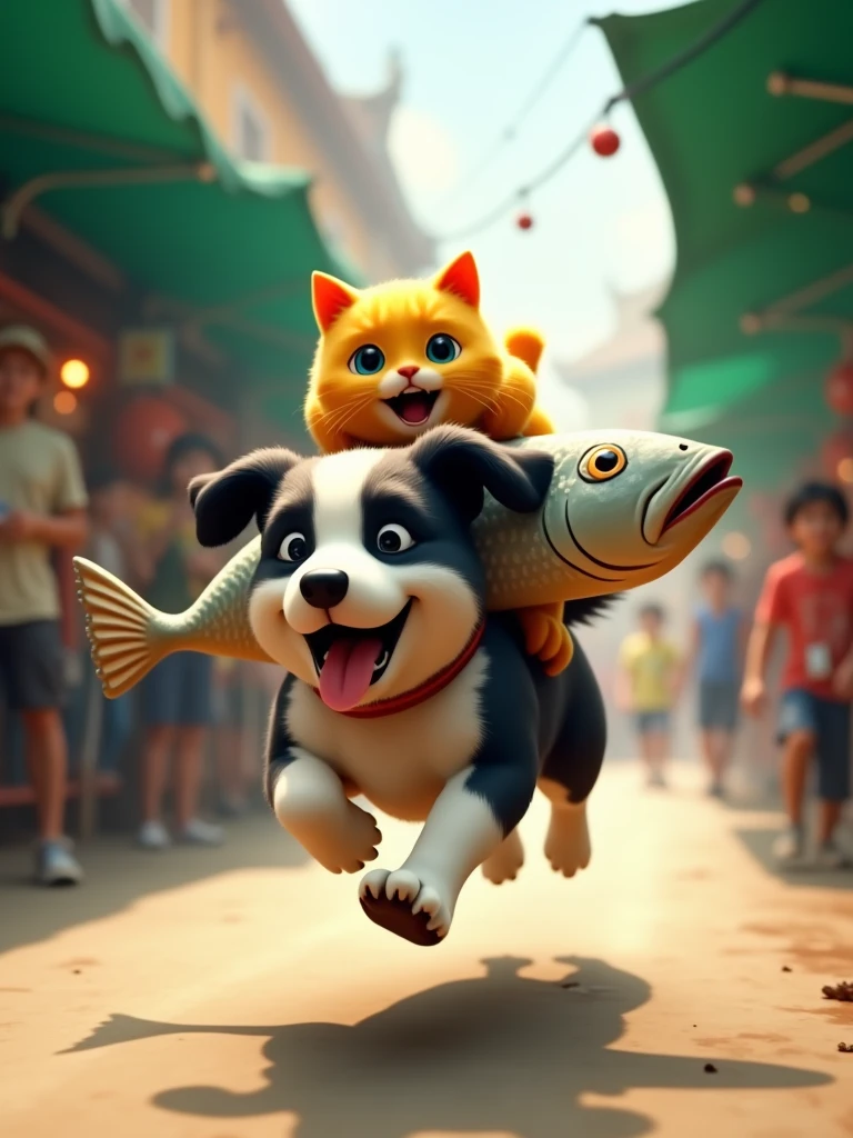 lateral view, realisitic, A dynamic and humorous scene in a lively outdoor market. A black and white dog is running at great speed, with its tongue out in excitement. On the dog's back is a yellow cat with wide eyes and an open mouth, clutching tightly onto a large, shiny fish. The cat appears excited and surprised, as if it had just made a daring escape. The background features market stalls with green canopies, and some people are looking on in surprise, adding to the lively atmosphere of the market scene. The overall tone is playful and adventurous