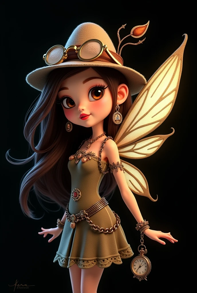 Fairy with brown hair , full lipsos , with hat , with Chinese eyes , with lens, with chain that carries the S , clock , earrings , ilustración Pixar en fondo negro Fairy with brown hair, full lips
