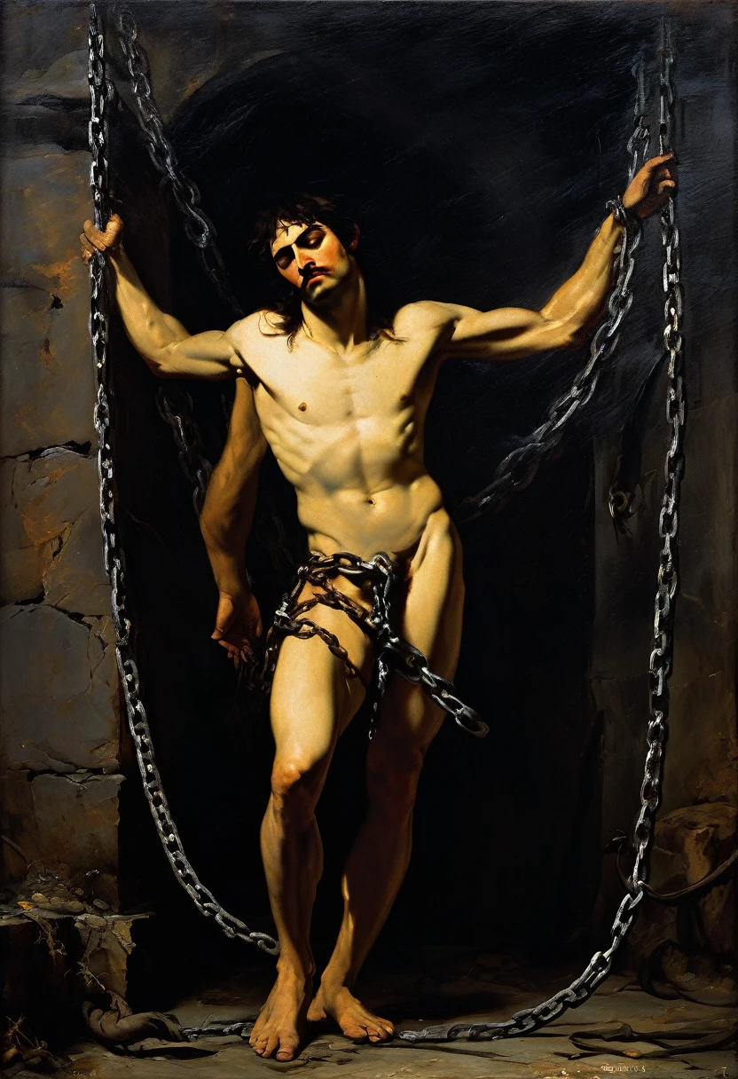 Saint Sebastian in chains, in a dungeon, [(chains:0.33)], (Adolf Piot style)), The dark Renaissance, (fog, very scuffing), ((palette/oil painting palette knife)), ((masterpiece)), single shot, impression:1.2, extreme detail, perspective:1.33, 8k