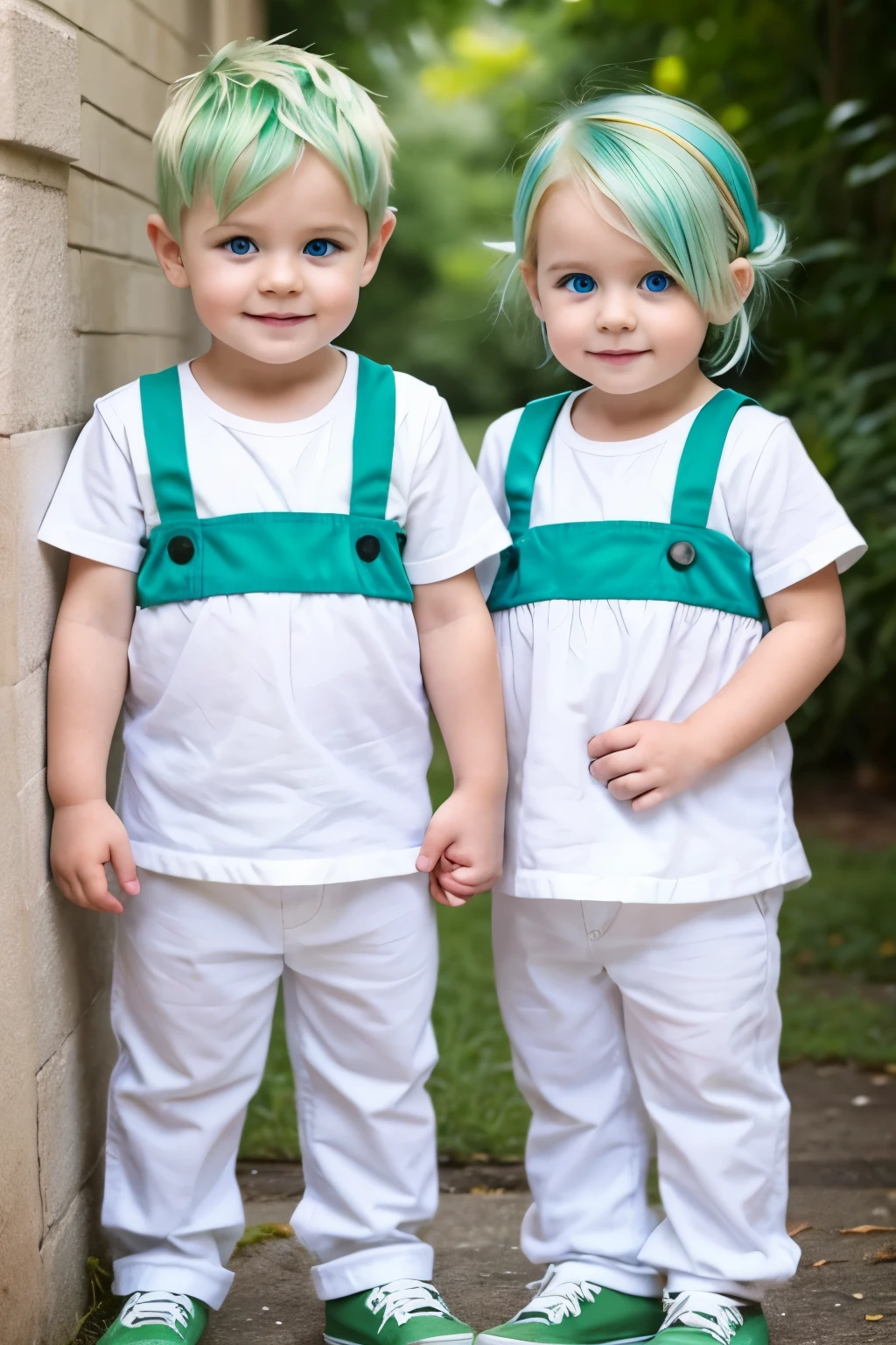 Twin toddler boy and girl with white and green hair and blue eyes