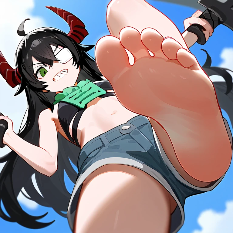 一个女人坐在床上露出她臭脚的Low Angle,Low Angle,barefoot,Foot Focus,black hair,黑色Long hair,Bangs,Red ram horns,White patch on left eye,Green neck bib,Holding two swords,Shark Teeth,Long hair,Black bikini,swimsuit,Denim shorts, There is a green bow behind the head,Anatomically correct,