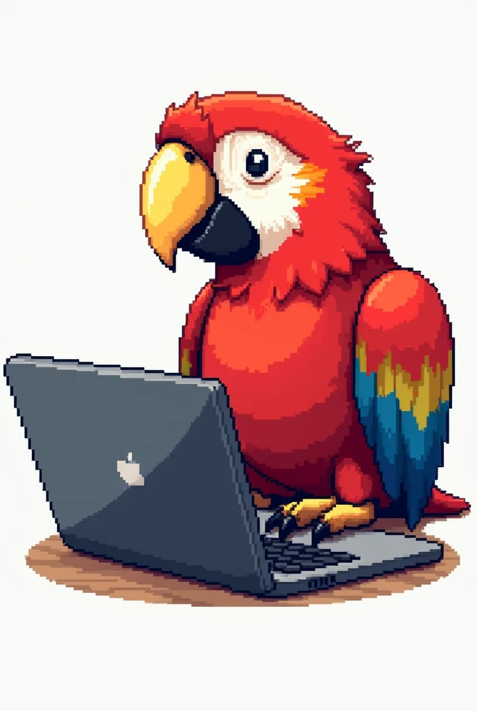 create a print with a transparent t-shirt background where there is a red parrot, yellow beak and legs, white face with black and blue wings in pixel sitting and using a computer or notebook