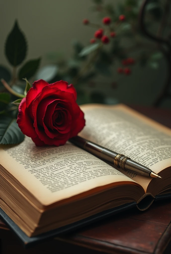 Create an image of a book with a rose on one side and a pen on the other and inside the book are the words TIMES OF LONELINESS
