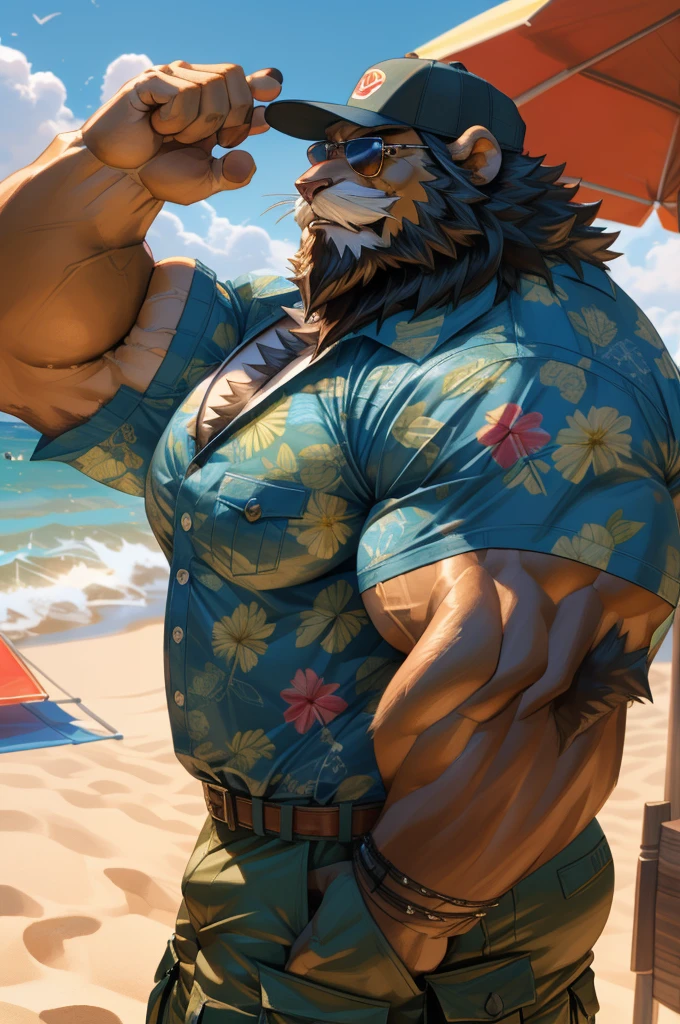 1boy, 1man, solo, a potrait (furry lion), (face, detailed face, bearded, white beard, thick mustache), (sunglasses), baseball hat, beach, extremely huge muscular, massive muscular , sixpack , (Hawaiian shirts, cargo shorts), well-muscled old man. ((extremely muscle size, super thick arms, huge pec, hyper pec, bigger chest, extremely wide pectoral , huge arms)), wide smiling. Add textures and details to make the image more realistic, such as the appearance of the. Make sure the resulting image is high resolution, 8K quality