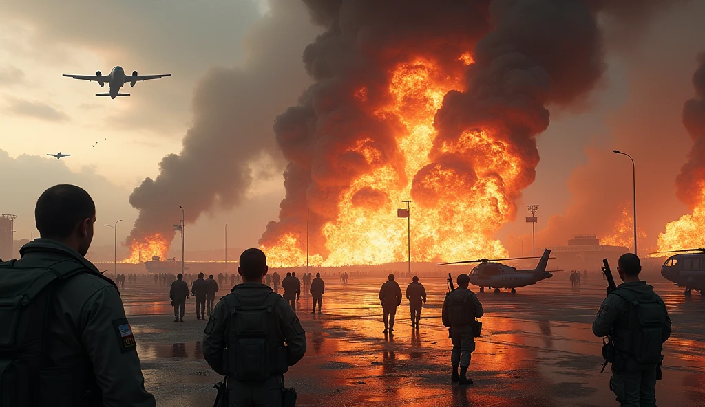 Draw a picture of a Russian airport exploding with lots of soldiers watching and war helicopters exploding. Add a fighter jet passing over the exploding airport. Add a big fire. Describes a very powerful explosion