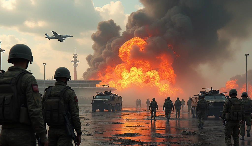 Draw a picture of a Russian airport exploding with lots of soldiers watching and war helicopters exploding. Add a fighter jet passing over the exploding airport. Add a big fire. Describes a very powerful explosion