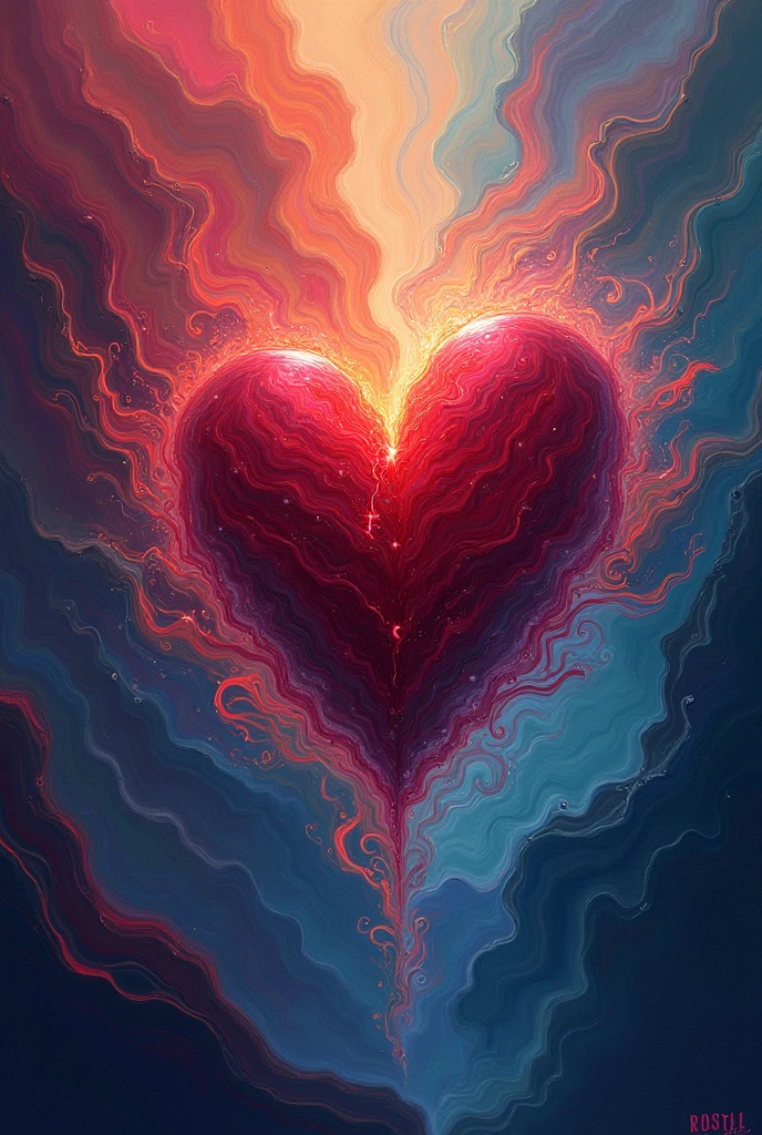 A heart beating rapidly inside a chest, surrounded by swirling colors and abstract shapes, digital painting