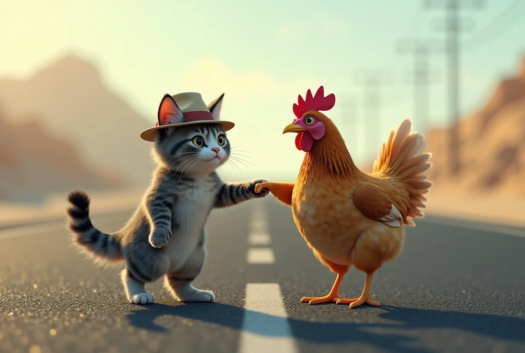 real photo of a cat asking a chicken while walking hand in hand. on the asphalt highway