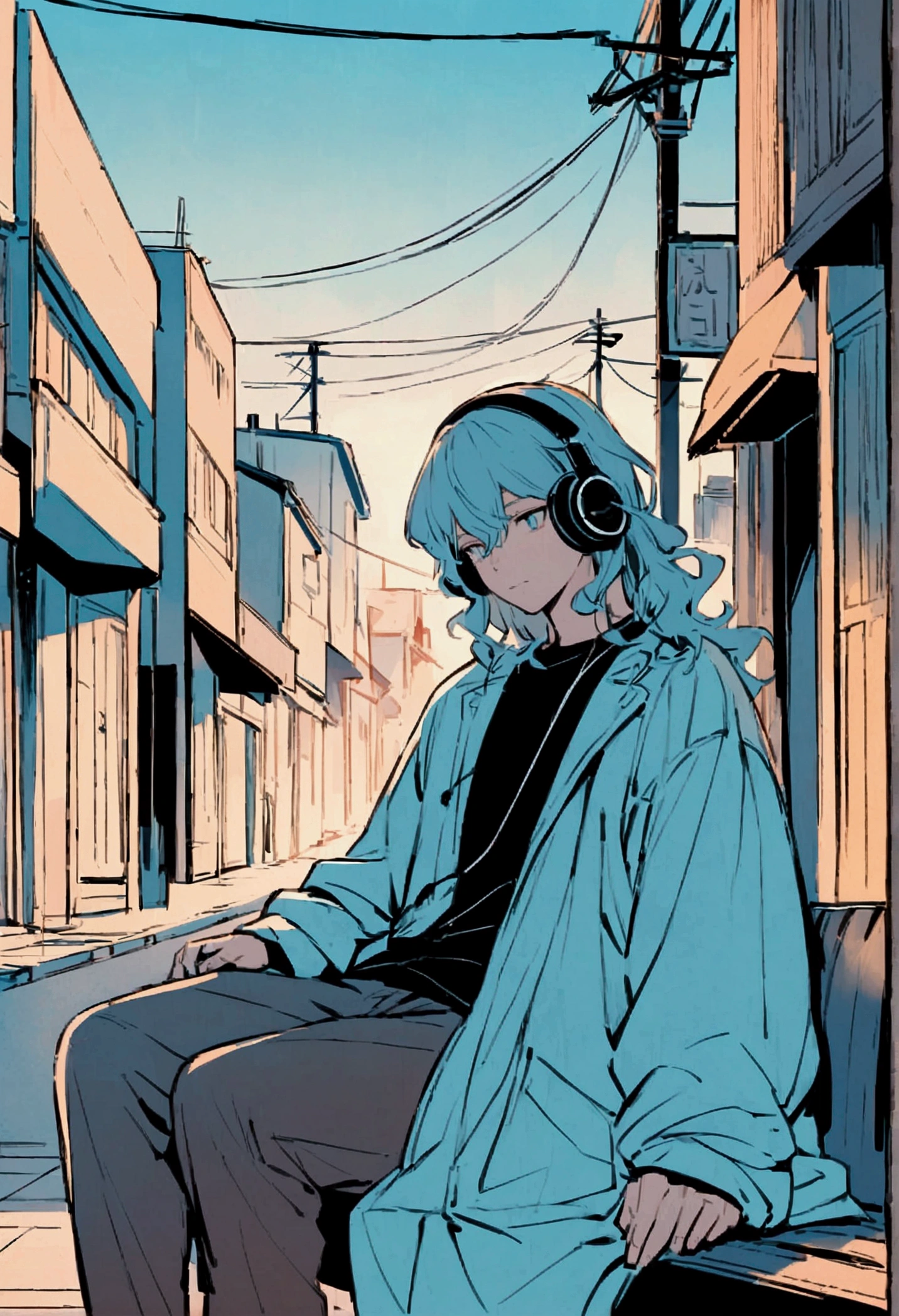 Anime style illustration of a boy sitting on a city bench. he長い間, She has light wavy hair and is wearing headphones. he、Dressed casually with a dark shirt and loose coat over his clothing。. In the background there is a street with buildings and utility poles., Beautifully drawn, With minimalist lines. The overall color scheme is soft and bright., Gives the image a calm and relaxing feel."