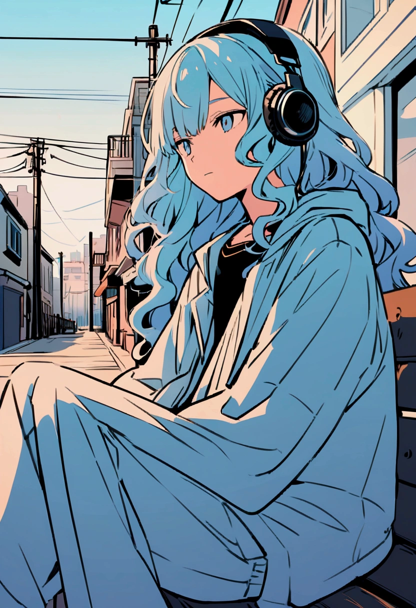 Anime style illustration of a boy sitting on a city bench. he長い間, She has light wavy hair and is wearing headphones. he、Dressed casually with a dark shirt and loose coat over his clothing。. In the background there is a street with buildings and utility poles., Beautifully drawn, With minimalist lines. The overall color scheme is soft and bright., Gives the image a calm and relaxing feel."