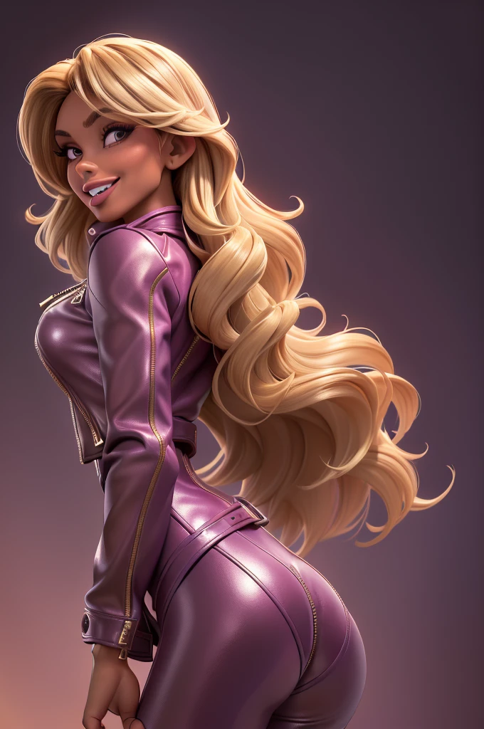 obra prima, melhor qualidade, ((only one woman,)) ((farrah fawcett, dark tan skin, short blonde bob hair, heavy makeup eye shadow, open mouth smile with teeth,)) (((wearing thigh length plum metallic leather jacket,))) (((jacket is zipped up, jacket covers waist and ass,))) ((jacket has stiff high collar,)) ((gold pvc gloves,)) body is very skinny, standing up, (((arched back, shoulders leaning way back, hips twisting, head tilted way back, chin up,))) ((camera back view, extreme closeup view of upper body,)) shallow depth of field, highres, HD, 8k, anatomically correct