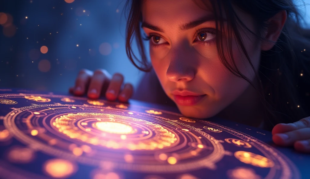 A captivating thumbnail featuring a close-up of a person with an intense, curious expression, gazing at a glowing, mystical numerology chart surrounded by cosmic symbols. The background is a dramatic blend of deep purples and blues with sparkling stars and planets, creating an otherworldly atmosphere. The numerology chart should have bold, eye-catching numbers and symbols illuminated with a radiant light. Overlay text in bold, striking font reads: “Unlock Your Life’s Purpose NOW!” with a smaller, compelling subtext: “Discover the Secrets of Numerology”. The overall feeling should be one of excitement, mystery, and urgency, enticing viewers to click and find out more. --ar 16:9
