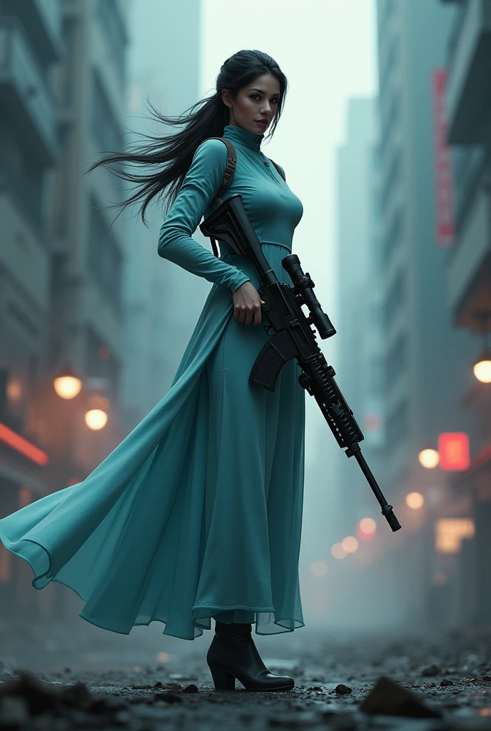 Character from the game CALL OF DUTY called URBAN TRACKER, wearing a light blue dress, holding a sniper
