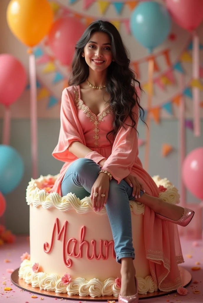 sitting cute girl on front of a cake. The character must wear casual moder clothing such as shilwar kamees and  heels. The background of the image is a party theme. Write 'MAHUR' on the birthday cake. Make sure the text is not misspelled. 