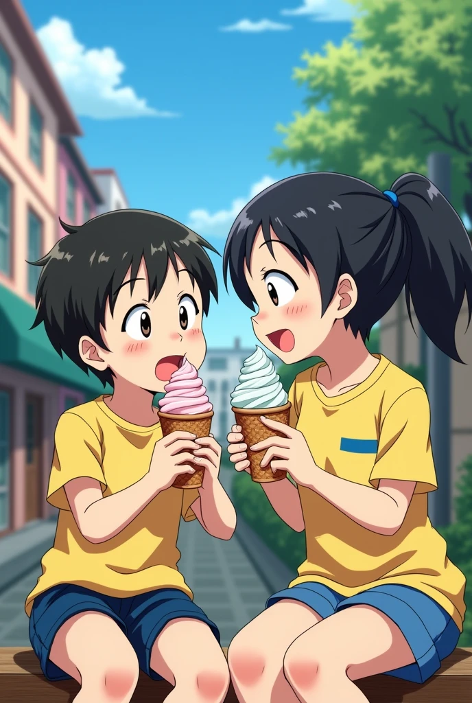 Nobita and Shizuka in anime style eating ice cream.