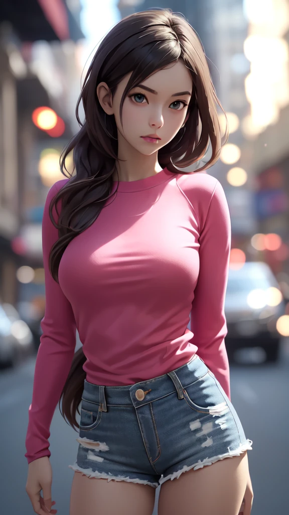 (ultra realistic,32K,raw photo:1.1),(very detailed skin:1.1), 8k hd, DSLR, high quality, film grain, (bright and shiny translucent clothing:1.1), 1 girl,Brown hair, by the wide, Horse tail (green eyes:0.9), Pink shirt, denim shorts, medium chest , (Upper part of the body:1.2),
 (busty:1.1) ,  (chubby:0.1),(volumetric lighting:1.2), dark theme blank background