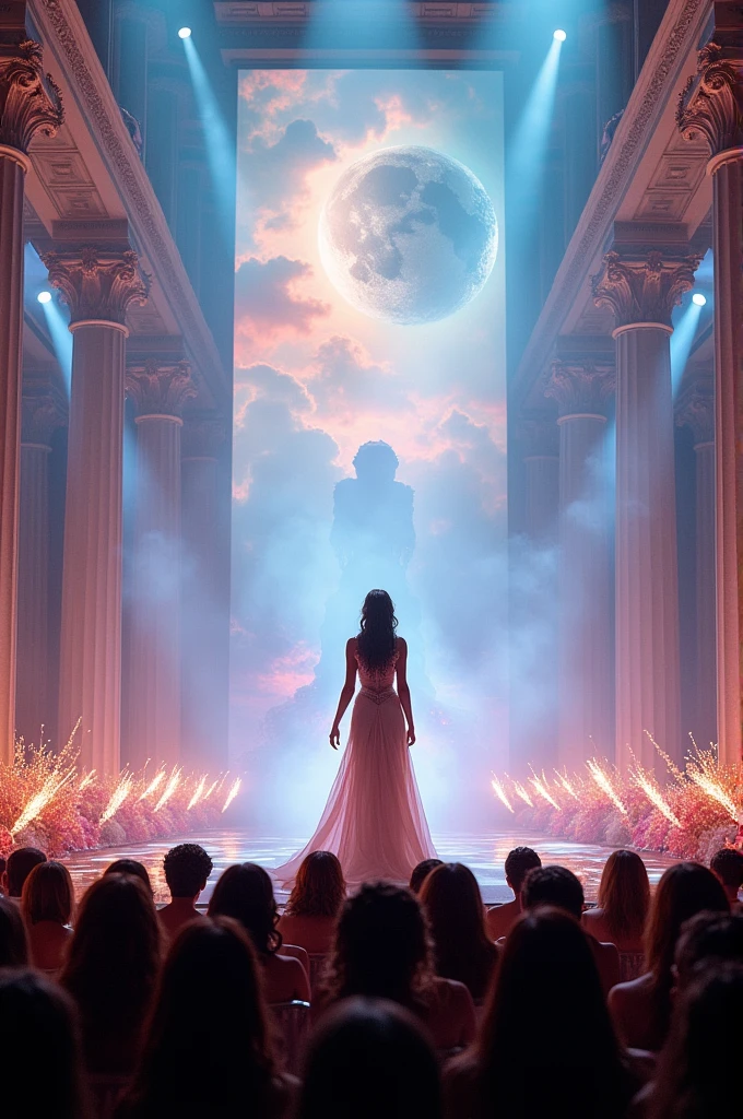 
Create an image for me of a show themed to the Goddesses of Olympus, but I want the view of the entire stage as if a fan had taken the photo, I want the singer in a long dress that is tighter to the body, with a slit, pastel colors ChatGPT said:
ChatGPT To create a mental image with these descriptions:

Imagine a grand stage illuminated by soft, colorful lights, reflecting a celestial and majestic theme. Ao fundo, a huge screen projects images of Olympian gods and goddesses. The stage is decorated with mythological elements, like Greek columns and a profusion of flowers and mists that evoke an ethereal atmosphere.

No centro do palco, the singer is in the spotlight. She wears a long, tight-fitting dress., with an elegant slit that allows movement and grace. The dress is in delicate pastel tones, like light pink, baby blue and lilac, with subtle details that capture the light to create a soft glow. The scenery around her is lit by spotlights and discreet fireworks., creating an environment of enchantment and grandeur.

The audience, partly visible in the image, is ecstatic, Capturing the energy and emotion of the moment. The show is a mix of mythology and modern glamour, providing a stunning visual and sensory experience.