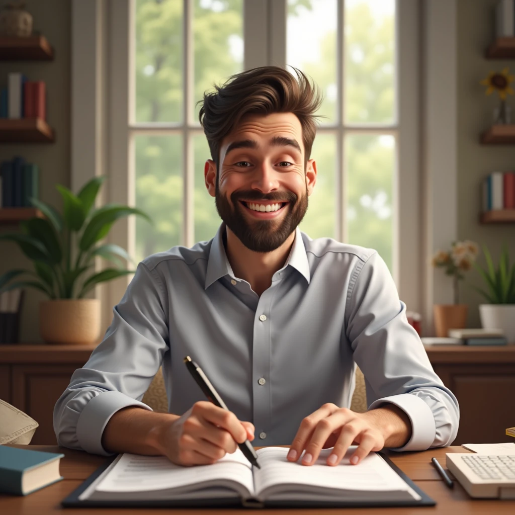 happy man, sitting in front of the notebook looking at the month's revenue, inside the room