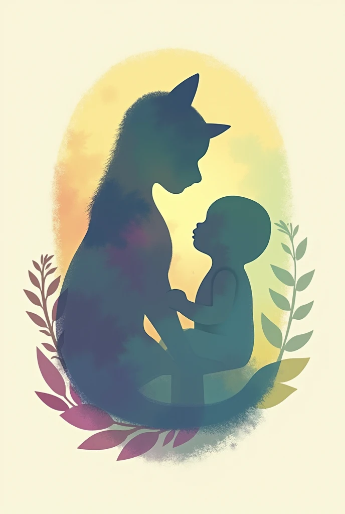 Create a logo that contains the silhouette of a cat, a baby and a brain that has yellow colors, green, blue and violet in pastel tones
