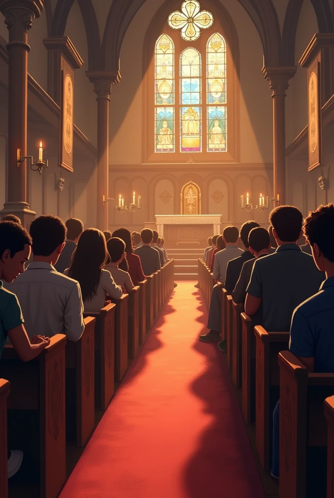 "Create a solemn and respectful image of people kneeling in prayer inside a church. Depict the interior of a traditional church with rows of wooden pews and stained glass windows casting colorful light across the scene. Show a group of individuals, representing a diverse congregation, kneeling with heads bowed and hands clasped in prayer. Their expressions should reflect deep reverence and devotion. The church setting should include subtle details like flickering candles, religious icons, and a softly illuminated altar to enhance the sacred atmosphere. Use warm, gentle lighting to highlight the peaceful and spiritual nature of the scene, creating a sense of unity and devotion among those gathered in prayer."




























































