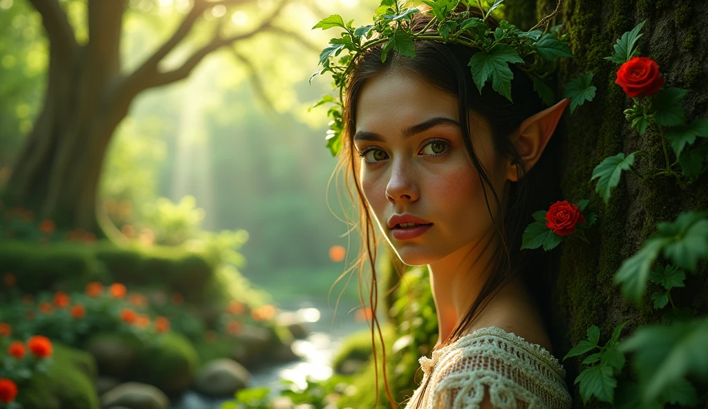 upper body close-up, stunning elf,garden of eden, tree of life, a lot of vegetation, flowers, bushes, rivers, rocks, leaves, sunny, rays of light passing through the leaves of the trees, , 4k photography. fujifilm